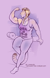  2014 anthro blonde_hair breasts closed_eyes clothing exercise felid female flexing gym hair hybrid keely_(character) leggings legwear liger lion mammal markings muscular muscular_anthro muscular_female pantherine purrcules_(artist) shirt small_breasts solo tank_top text tiger topwear url weightlifting weights workout 