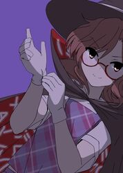  adjusting_clothes adjusting_gloves bad_id bad_twitter_id black_cape brown_eyes brown_hair cape clothes_writing eyebrows female glasses gloves hat oshouyu_tabetai plaid purple_background putting_on_gloves red-framed_eyewear runes semi-rimless_eyewear shaded_face shirt short_hair short_sleeves simple_background smile solo touhou under-rim_eyewear usami_sumireko vest white_gloves 