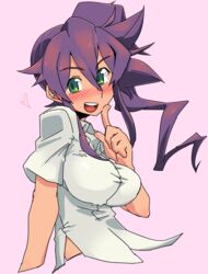  blush breasts commentary_request coso-ri drill_hair female green_eyes heart large_breasts long_hair looking_at_viewer open_mouth original purple_hair shirt short_sleeves side_ponytail smile solo umizakura_tachimi 