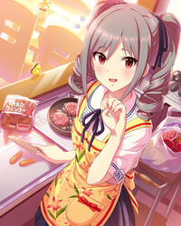  :d apron artist_request bag bug butterfly cooking drill_hair female flying frying_pan grey_hair hair_ribbon idolmaster idolmaster_cinderella_girls kanzaki_ranko kitchen kitchen_knife knife official_art open_mouth red_eyes ribbon santoku_knife school_uniform shopping_bag smile sweatdrop twin_drills twintails 