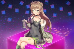  angdo_(kakajo26) anthro blush breasts brown_hair choker cleavage dress game_console girls_frontline green_eyes kneehighs long_hair rfb_(girls_frontline) 