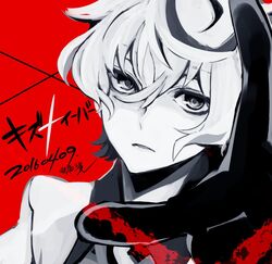  1boy agata_katsuhira bad_id bad_twitter_id copyright_name dated kiznaiver looking_at_viewer male_focus outstretched_hand parted_lips red_background rojio school_uniform simple_background solo 