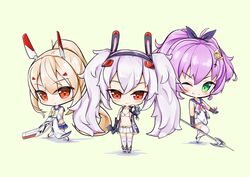  3girls ;) absurdres animal_ears ayanami_(azur_lane) ayanami_(retrofit)_(azur_lane) azur_lane bare_shoulders belt belt_buckle big_head bikini bikini_top_only bikini_under_clothes black_footwear black_gloves black_hairband blue_footwear blue_sailor_collar blue_skirt blush breasts brown_eyes buckle cannon chibi closed_mouth commentary_request crop_top crown detached_sleeves elbow_gloves full_body gloves green_background green_eyes hair_between_eyes hair_ornament hair_ribbon hairband hairclip head_tilt headgear high_ponytail highres holding holding_javelin jacket javelin_(azur_lane) javelin_(retrofit)_(azur_lane) javelin_(spear) laffey_(azur_lane) laffey_(retrofit)_(azur_lane) light_brown_hair limitlimlim long_hair long_sleeves looking_at_viewer midriff mini_crown multiple_girls name_connection navel no_shirt object_namesake one_eye_closed open_clothes open_jacket pleated_skirt ponytail purple_hair purple_ribbon purple_sailor_collar rabbit_ears red_eyes red_footwear ribbon sailor_collar school_uniform serafuku shadow shirt sidelocks skirt sleeveless sleeveless_jacket sleeveless_shirt small_breasts smile standing stomach swimsuit thighhighs tilted_headwear turret twintails v-shaped_eyebrows very_long_hair white_belt white_bikini white_hair white_jacket white_shirt white_skirt white_sleeves white_thighhighs wide_sleeves yellow_belt zettai_ryouiki 