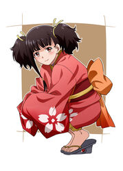  bad_id bad_pixiv_id black_hair brown_eyes female japanese_clothes kimono koutetsujou_no_kabaneri kurohane mumei_(kabaneri) obi photoshop_(medium) sash short_kimono solo squatting twintails 