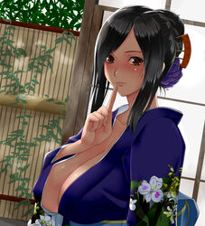  arm_at_side black_hair blue_kimono breasts brown_eyes brown_hair cleavage closed_mouth collarbone commentary_request female final_fantasy final_fantasy_vii finger_to_mouth fingernails floral_print flower hair_flower hair_ornament hair_ribbon hair_up hand_up highres huge_breasts japanese_clothes kimono large_breasts leaf light_smile long_fingernails long_hair long_sleeves looking_at_viewer obi plant print_kimono revision ribbon sash sliding_doors solo switch01 tifa_lockhart upper_body wide_sleeves 