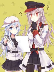  2girls ? belt black_skirt blue_eyes breasts buttons commentary_request dated flat_cap gangut_(kancolle) grey_hair hammer_and_sickle hand_on_own_chin hat hibiki_(kancolle) holding holding_paper holding_pencil jacket kabocha_torute kantai_collection long_hair long_sleeves md5_mismatch medium_breasts miniskirt multiple_girls oktyabrskaya_revolyutsiya_(kancolle) pantyhose paper peaked_cap pencil pleated_skirt red_eyes red_shirt resolution_mismatch sailor_collar scar school_uniform serafuku shirt skirt sleeve_cuffs source_larger twitter_username uniform verniy_(kancolle) white_hair white_hat white_jacket 