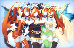  5girls absurdres aeror angel angel_wings bad_id bad_pixiv_id blonde_hair blue_skin breasts butterfly_wings cleavage closed_eyes clothing_cutout colored_skin commentary_request demon_girl demon_horns demon_tail demon_wings dress elbow_gloves fingerless_gloves gloves halo hera-beorc_(p&amp;d) hera-is_(p&amp;d) hera-sowilo_(p&amp;d) hera-ur_(p&amp;d) hera_(p&amp;d) highres horns insect_wings jewelry large_breasts long_hair multicolored_hair multiple_girls multiple_persona navel navel_cutout necklace oerba_yun_fang open_mouth orange_eyes photoshop_(medium) pointy_ears puzzle_&amp;_dragons red_hair short_dress smile tail thorns wings 