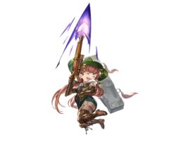  boots closed_eyes earrings female full_body gloves granblue_fantasy gun happy_tears harvin hat jewelry long_hair low_twintails ludmila_(granblue_fantasy) minaba_hideo official_art open_mouth red_hair rifle solo tears teeth transparent_background twintails weapon 