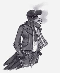  2017 alternative_fashion anthro avian avian_caruncle beak biped bird black_body black_feathers black_tail bottomwear cigarette clothed clothing cotingid delinquent dewlap_(anatomy) digital_drawing_(artwork) digital_media_(artwork) eyebrows eyewear feathered_crest feathers fully_clothed greaser grey_beak grey_clothing half-length_portrait hand_in_pocket hands_in_both_pockets head_crest hi_res jacket leather leather_clothing leather_jacket leather_topwear male mute-owl new_world_suboscine open_clothing open_jacket open_topwear pants passerine pockets pompadour portrait rockabilly shirt simple_background smoking solo standing suboscine sunglasses tail tail_feathers topwear umbrellabird undershirt wattle white_background white_clothing 