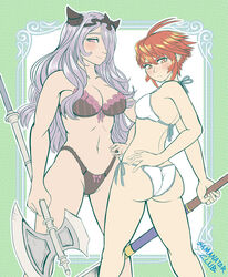  2girls ass axe black_bra breasts camilla_(fire_emblem_if) cleavage female fire_emblem fire_emblem_if flat_color hinoka_(fire_emblem_if) multiple_girls purple_hair red_hair samanator_club spear underwear 