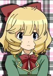  blonde_hair blue_eyes bow commentary_request curly_(jintai) drill_hair female hairbow jinrui_wa_suitai_shimashita mononoke_(karipap-youkai) school_uniform short_hair solo 