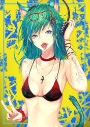  absurdres animal_ears bad_id bad_pixiv_id bikini bikini_top_only blue_eyes bracelet breasts cross cross_necklace earrings eyewear_on_head female green_hair headphones highres jewelry kaze_minoru_so-ru long_hair looking_at_viewer necklace original small_breasts solo swimsuit tattoo tongue tongue_out v 