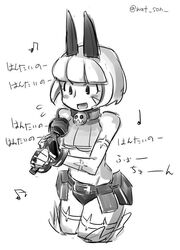  animal_humanoid bag blush bob_cut breasts cat_humanoid clothing collar electronics felid felid_humanoid feline feline_humanoid female humanoid japanese_text mammal mammal_humanoid microphone midriff monochrome nadia_fortune open_mouth scar signature singing skullgirls solo text translation_request wat_son_(artist) 