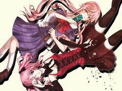  2girls axe cellphone commentary_request corset crossover gasai_yuno hair_spread_out md5_mismatch mirai_nikki multiple_girls phone piani pink_eyes pink_hair red_eyes shiki_(novel) shimizu_megumi twintails vampire weapon 