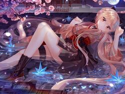  absurdly_long_hair absurdres alternate_costume assault_rifle bad_id bad_pixiv_id black_gloves blonde_hair blush boots braid breasts bullpup cherry_blossoms choker closed_mouth cross-laced_footwear ecu8080 expressionless female floral_print full_moon girls&#039;_frontline gloves gun hakama hakama_short_skirt hakama_skirt hands_up high-waist_skirt highres japanese_clothes kimono knee_up lace-up_boots lens_flare light_particles long_hair looking_at_viewer moon night night_sky obi official_alternate_costume ots-14_(flurry_of_petals)_(girls&#039;_frontline) ots-14_(girls&#039;_frontline) ots-14_groza outdoors partially_submerged pink_kimono pleated_skirt reclining revision rifle sash sidelocks skirt sky solo sparkle thigh_strap very_long_hair water_drop weapon wet yellow_eyes 