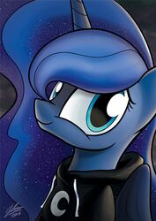  2016 alicorn blue_body blue_eyes blue_feathers blue_fur blue_hair clothing dori-to equid equine feathered_wings feathers female feral friendship_is_magic fur furgonomics hair half-length_portrait hasbro hoodie horn looking_at_viewer mammal my_little_pony mythological_creature mythological_equine mythology portrait princess_luna_(mlp) sky smile solo topwear wings 