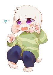  anthro asriel_dreemurr blush boss_monster_(undertale) bovid caprine clothed clothing conditional_dnp crybleat fur long_ears male mammal pawpads paws simple_background solo tongue undertale undertale_(series) white_background white_body white_fur 