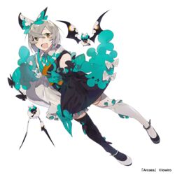  :o aqua_bow aqua_bowtie arcaea asymmetrical_footwear asymmetrical_legwear ayu_(arcaea) bat_(animal) black_footwear black_legwear bow bowtie brown_eyes commentary_request detached_sleeves full_body grey_hair hairbow mismatched_footwear mismatched_legwear official_art short_hair solo sowichi thighhighs white_background white_bow white_footwear white_legwear wide_sleeves 