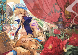  2girls 3boys absurdres androgynous arabian_clothes blonde_hair closed_eyes closed_mouth commentary_request earrings enkidu_(fate) fate/grand_order fate/strange_fake fate_(series) flower gauntlets gilgamesh_(caster)_(fate) gilgamesh_(fate) green_hair hair_between_eyes hair_ornament hand_on_another&#039;s_head hat highres jewelry lion looking_at_viewer multiple_boys multiple_girls otoko_no_ko petals red_eyes robe seomouse short_hair siduri_(fate) smile tattoo white_robe 