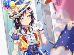  2girls bad_id bad_pixiv_id balloon bang_dream! bear_hair_ornament black_hair blue_eyes blue_hat blurry blurry_foreground blush center_frills character_hair_ornament commentary_request corset cross-laced_clothes earrings fireworks frilled_shirt_collar frills gen_(gen_m_gen) gloves hair_ornament hat hat_ribbon highres hood hoodie jewelry michelle_(bang_dream!) multiple_girls okusawa_misaki playing_with_own_hair ribbon short_hair short_sleeves smile sparkler striped_clothes striped_headwear striped_ribbon striped_vest top_hat unworn_hoodie upper_body vertical-striped_clothes vertical-striped_headwear vest white_gloves white_ribbon 