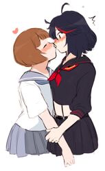  2girls black_hair blue_sailor_collar blue_skirt blush brown_hair chadolbaegi commentary_request heart holding_another&#039;s_arm kill_la_kill kissing mankanshoku_mako matoi_ryuuko midriff multiple_girls sailor_collar school_uniform senketsu serafuku short_hair skirt surprise_kiss surprised suspenders yuri 