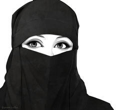  commentary_request eye_focus eyebrows eyelashes female greyscale hijab monochrome muslim niqab original photoshop_(medium) poaro portrait realistic simple_background solo twitter_username veil white_background 