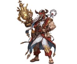  1boy bag beard belt bread draph facial_hair food full_body granblue_fantasy headband horns long_beard long_hair male_focus minaba_hideo moustache official_art redluck sandals solo staff sunglasses transparent_background trophy two_side_up white_hair 