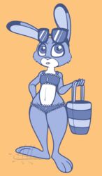  2016 anthro avoid_posting bikini biped breasts clothing disney eyewear female impatient judy_hopps lagomorph leporid long_ears mammal navel rabbit simple_background small_breasts snaxattacks solo sunglasses swimwear thick_thighs wide_hips zootopia 