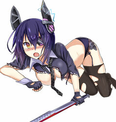  blush breasts checkered_necktie commentary_request damaged eyepatch female fingerless_gloves garter_belt gloves headgear kantai_collection large_breasts left-handed looking_at_viewer necktie okutomi_fumi open_mouth purple_hair short_hair solo sword tears tenryuu_(kancolle) thighhighs torn_clothes weapon white_background yellow_eyes 