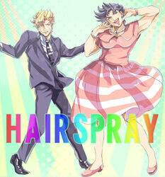  2boys bad_id bad_pixiv_id black_hair blonde_hair bracelet caesar_anthonio_zeppeli crossdressing dancing dress facial_mark formal hairspray jewelry jojo_no_kimyou_na_bouken joseph_joestar joseph_joestar_(young) link_larkin multiple_boys necktie parody rag713kuro2 suit tracy_turnblad 