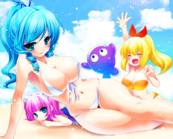  3girls animal_ears beach bikini blonde_hair blue_eyes blue_hair breasts cat_ears cleavage closed_eyes commentary_request drill_hair fish large_breasts long_hair lying marin_(umi_monogatari) multiple_girls naa on_side pink_hair ponytail short_hair smile swimsuit umi_monogatari urin_(umi_monogatari) warin 