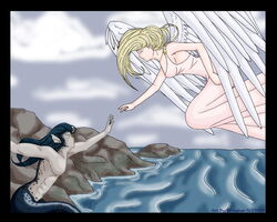  5:4 absurd_res angel black_border blonde_hair border clothed clothing digital_media_(artwork) dress duo feathered_wings feathers female fin hair hi_res koshkio long_hair male marine merfolk reaching rock rocky_shore romantic romantic_couple scales scalie sea sitting split_form topless water wings 