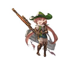  boots closed_eyes dagger earrings female full_body gloves granblue_fantasy gun happy_tears harvin hat jewelry knife long_hair low_twintails ludmila_(granblue_fantasy) minaba_hideo official_art open_mouth red_hair rifle solo tears teeth transparent_background twintails weapon 