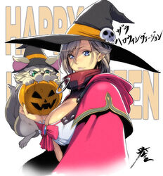  breasts brown_hair cape cleavage commentary_request feline female halloween happy_halloween hat homare_(fool&#039;s_art) large_breasts light_smile looking_at_viewer queen&#039;s_blade queen&#039;s_blade_grimoire simple_background solo translation_request white_background witch_hat zara_(queen&#039;s_blade) 