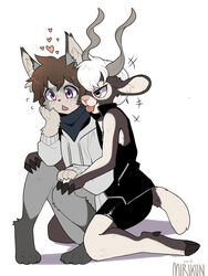  absurd_res antelope anthro blackbuck bottomwear bovid clothing domestic_cat duo felid feline felis heart_symbol hi_res hug love male male/male mammal miri shorts simple_background spandex spandex_shorts tight_bottomwear tight_clothing tight_shorts true_antelope 