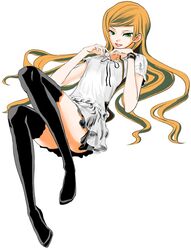  alternate_costume bad_id bad_pixiv_id ben_10 ben_10:_alien_force black_thighhighs derivative_work dress female green_eyes gwen_tennyson long_hair lying open_mouth orange_hair parody say_show smile solo thighhighs vocaloid white_dress world_is_mine_(vocaloid) wristband 