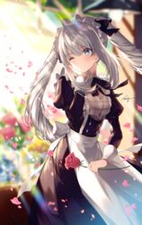  alternate_costume apron blue_eyes blurry commentary_request depth_of_field enmaided fate/grand_order fate_(series) female flower juliet_sleeves light_rays long_hair long_sleeves looking_to_the_side maid maid_apron maid_headdress marie_antoinette_(animejapan_2016)_(fate) marie_antoinette_(fate) necomi official_alternate_costume one_eye_closed parted_lips puffy_sleeves rose smile solo very_long_hair waist_apron white_hair 