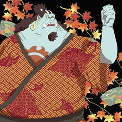  1:1 black_background chidzu chizu fish fish-men_(one_piece) hi_res humanoid jinbe jinbei_(clothing) male maple_leaf marine membrane_(anatomy) musclegut muscular not_furry one_piece overweight overweight_humanoid overweight_male simple_background solo standing tattoo tusks webbed_hands 