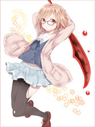  black_pantyhose blonde_hair blood blood_sword blush bob_cut brown_eyes cardigan commentary_request female glasses hemokinesis highres kuriyama_mirai kyoukai_no_kanata looking_at_viewer pantyhose peanuts_(ennuim) red-framed_eyewear school_uniform serafuku short_hair skirt solo star_(symbol) sword torn_clothes torn_pantyhose weapon 