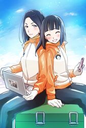  2girls ^_^ animal_print antarctica back-to-back black_hair blue_eyes blush box cellphone closed_eyes cloud cloudy_sky coat commentary computer day gloves grin holding holding_phone kobuchizawa_shirase laptop mole mole_under_eye multiple_girls niina_ryou on_box pants phone sitting sitting_on_box sky smartphone smile sora_yori_mo_tooi_basho spoilers toudou_gin 