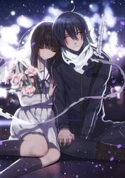  1boy bad_id bad_pixiv_id black_hair blue_eyes brown_hair closed_eyes couple female flower holding_hands iki_hiyori interlocked_fingers katana lloule long_hair noragami scarf school_uniform short_hair straight sword track_suit weapon yato_(noragami) 