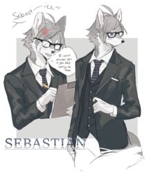  2018 anthro biped black_clothing black_nose blue_eyes bodily_fluids bottomwear canid canine canis character_name clipboard clothed clothing countershading cross-popping_vein dialogue dual_holding english_text eyewear frown fully_clothed fur glasses grey_background grey_body grey_fur grey_hair hair hi_res holding_clipboard holding_object holding_pen holding_writing_utensil iconography looking_away male mammal markings mole_(marking) multiple_poses necktie obscured_eyes open_mouth pants pen pose sebastian_(zuekrz) shirt simple_background solo speech_bubble standing suit sweat sweatdrop text topwear white_background white_body white_clothing white_fur wolf writing_utensil zuekrz 