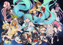  3boys 6+girls ahoge anime_coloring arm_up arm_warmers bare_shoulders black_socks black_thighhighs blonde_hair blue_eyes blue_hair boots braid brother_and_sister brown_eyes brown_hair choker coat commentary_request crop_top detached_sleeves dress elbow_gloves floating_hair gloves goggles goggles_on_head gothic_lolita green_eyes green_hair grey_hair gumi hair_ornament hair_ribbon hair_up hairclip hatsune_miku headphones headset hechima_(issindotai) ia_(vocaloid) japanese_clothes kagamine_len kagamine_rin kaito_(vocaloid) kamui_gakupo leg_warmers light_blue_hair light_brown_hair lolita_fashion long_hair looking_at_viewer mayu_(vocaloid) megurine_luka meiko_(vocaloid) multicolored_clothes multicolored_scarf multiple_boys multiple_girls necktie off_shoulder open_mouth photoshop_(medium) piano_print pink_hair ponytail purple_hair ribbon sailor_collar scarf shirt short_hair shorts siblings skirt sky sleeveless sleeveless_shirt smile socks star_(sky) starry_background starry_sky stuffed_animal stuffed_rabbit stuffed_toy sword thigh_boots thighhighs twin_braids twins twintails usano_mimi very_long_hair vocaloid weapon wide_sleeves yellow_eyes zettai_ryouiki 