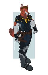  agentmoose anthro belt blue_eyes canid canine canis clothed clothing fingerless_gloves fully_clothed gloves gun handgun handwear harness hi_res holster male mammal muscular muscular_anthro muscular_male pistol police ranged_weapon solo timet uniform utility_belt weapon wolf 