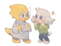  alphys anthro asriel_dreemurr barefoot blush book boss_monster_(undertale) bovid caprine clothed clothing conditional_dnp crybleat duo eyewear feet fur glasses holding_object lizard long_ears mammal open_mouth reptile scalie simple_background smile tail tail_motion tailwag undertale undertale_(series) white_background white_body white_fur 