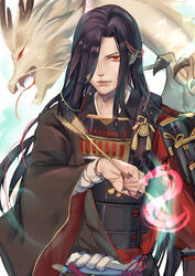  1boy absurdres animal_ears armor arrow_(projectile) black_hair brown_eyes commentary_request dou hair_over_one_eye highres ichimoku_ren_(onmyoji) japanese_armor long_hair looking_at_viewer male_focus onmyoji solo standing suansu_baozha very_long_hair white_background wide_sleeves 