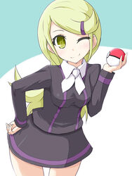  ace_trainer_(pokemon) astrid_(pokemon) blonde_hair commentary_request cowboy_shot female hair_ornament hand_on_own_hip holding holding_poke_ball kuro_(be_ok) leaning_forward long_hair one_eye_closed poke_ball poke_ball_(basic) pokemon pokemon_xy skirt smile solo yellow_eyes 