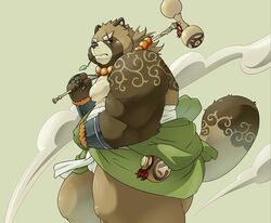  2018 absurd_res anthro brown_body brown_fur canid canine clothed clothing eye_scar facial_scar fur gyobu_(tas) hi_res leaf lifewonders male mammal moobs nipples overweight overweight_anthro overweight_male pomupomu490 raccoon_dog scar simple_background solo tanuki tattoo tokyo_afterschool_summoners 