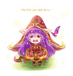  animal_ears bad_id bad_pixiv_id commentary crying english_commentary fairy female from_above hat league_of_legends long_hair lulu_(league_of_legends) open_mouth photoshop_(medium) pix_(league_of_legends) purple_hair staff sueyen tears wings yordle 