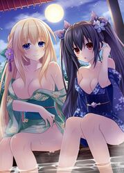  2girls :o bare_shoulders black_hair blonde_hair blue_eyes blush breasts cleavage clothes_lift flower full_moon hair_flower hair_ornament hair_ribbon japanese_clothes kimono kimono_lift large_breasts long_hair looking_at_viewer medium_breasts moon multiple_girls neptune_(series) night noire_(neptunia) off_shoulder official_art red_eyes ribbon sitting smile tsunako twintails vert_(neptunia) very_long_hair yukata yukata_lift 